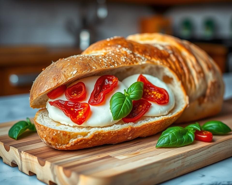 Ciabatta brood met mozzarella en zongedroogde tomaten