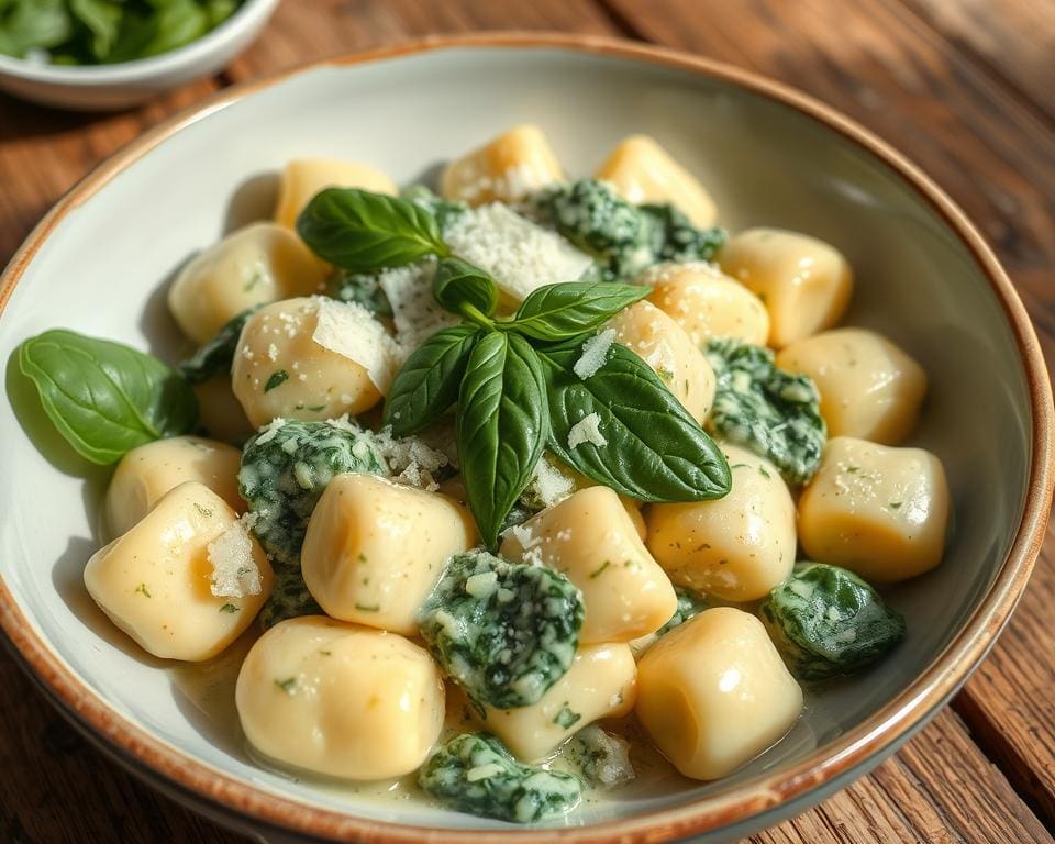 Gnocchi met een romige spinaziesaus en knoflook