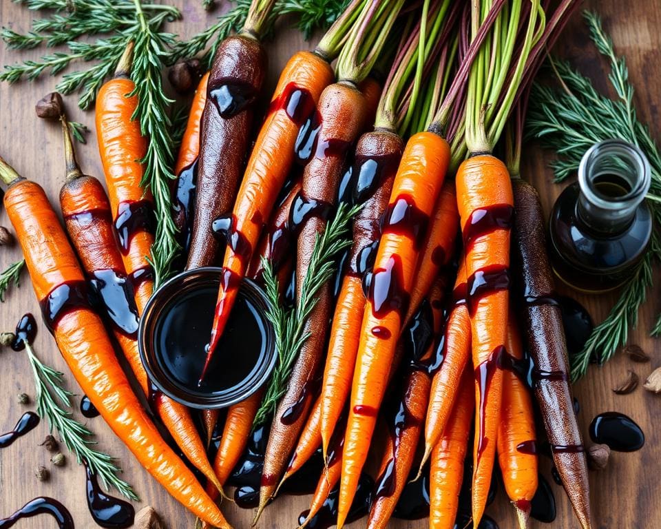 Ingrediënten voor geroosterde wortels met een balsamico-glazuur