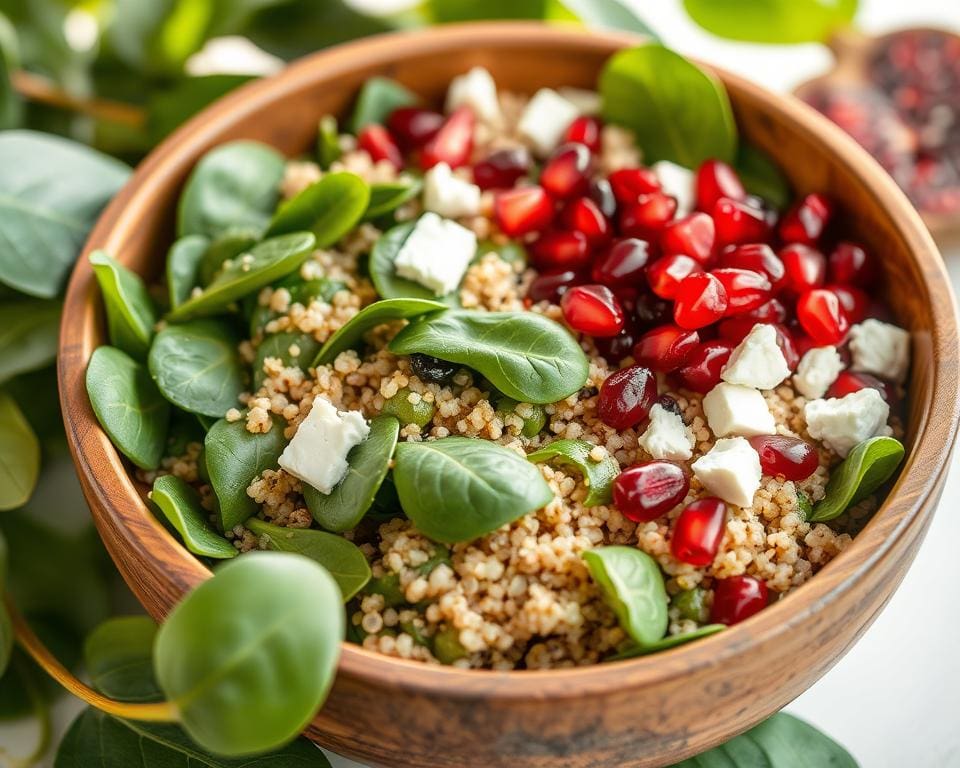 Quinoa bowl met spinazie, granaatappel en feta