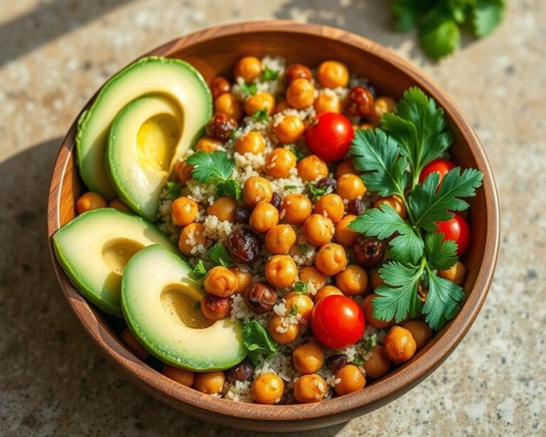 Quinoa salade met avocado en geroosterde kikkererwten