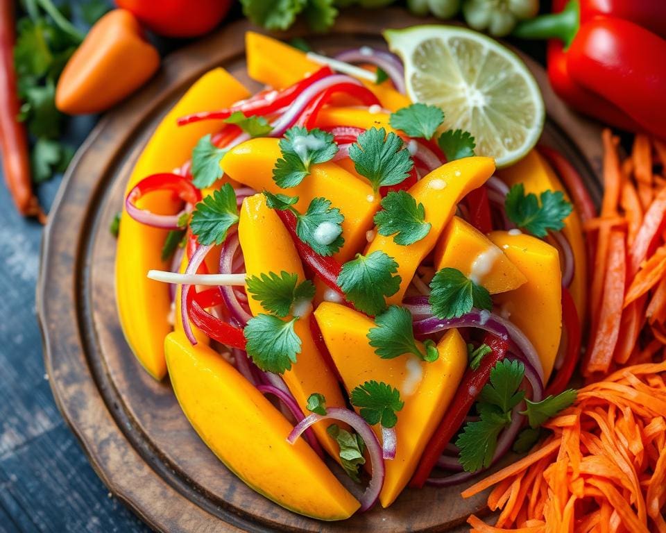 Thaise salade met mango, koriander en limoen