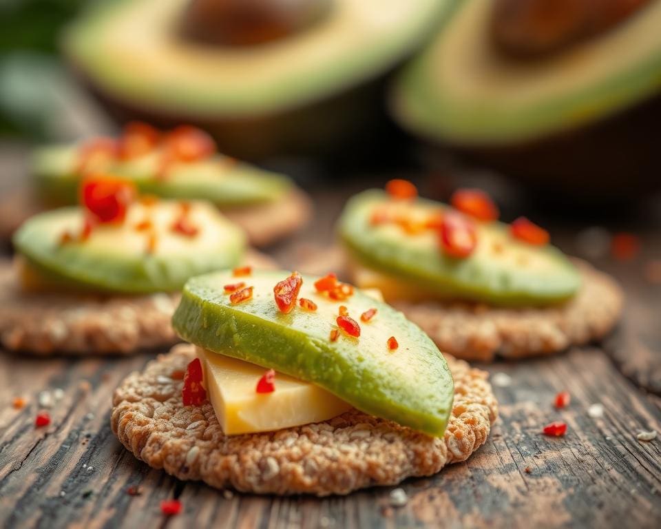 Volkoren crackers met avocado en chili