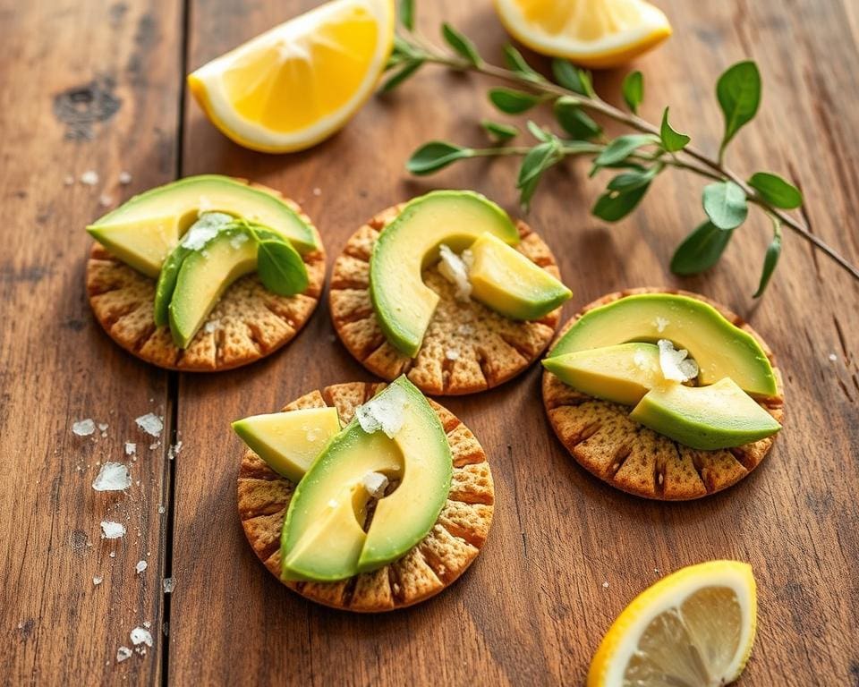 Volkoren crackers met avocado en een vleugje citroen