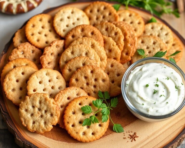 Volkoren crackers met een kruidenkaasdip