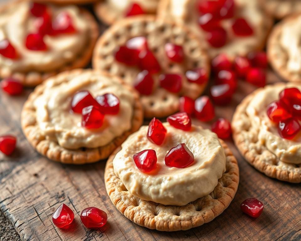 Volkoren crackers met hummus en granaatappelpitten