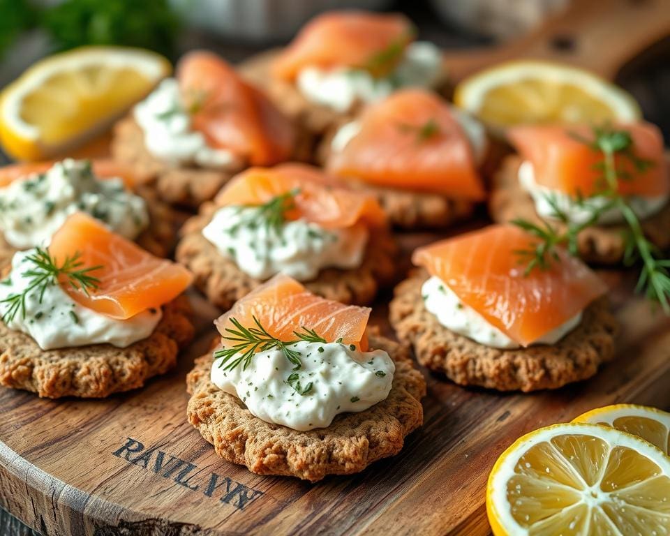 Volkoren crackers met kruidenroomkaas en zalm