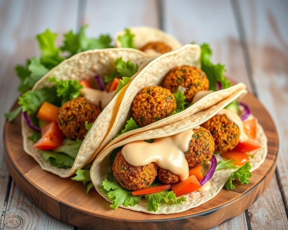 Volkoren wraps met falafel en een tahinsaus