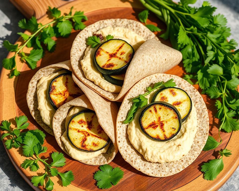 Volkoren wraps met hummus en gegrilde courgette