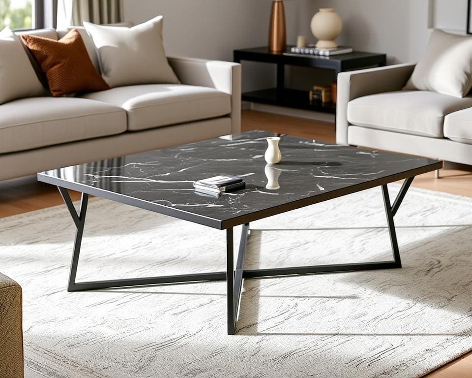 Design salontafel in zwart metaal en marmerlook