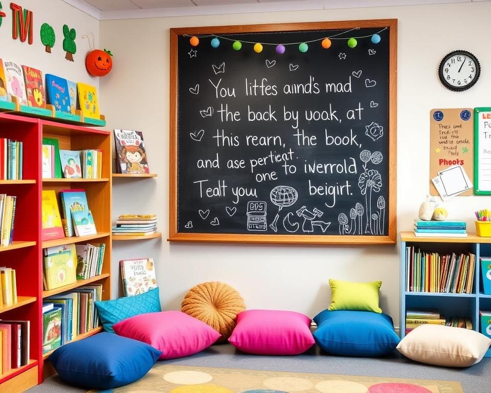 Kinderboekenrekken met een creatief schoolbord