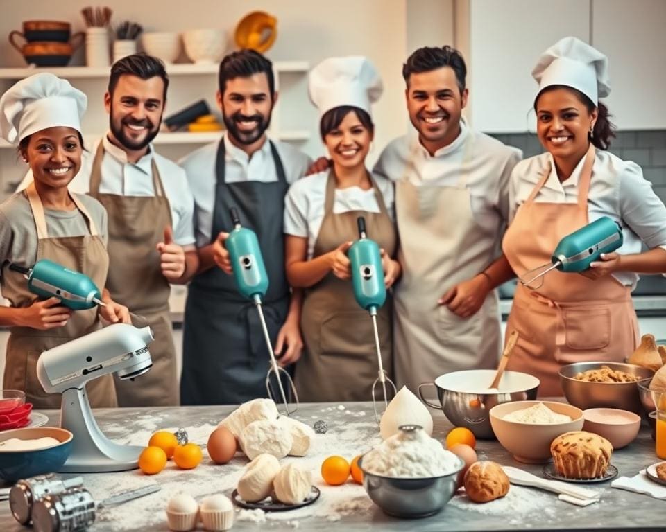 Thuisbakkers en professionele chef-koks met elektrische handmixer