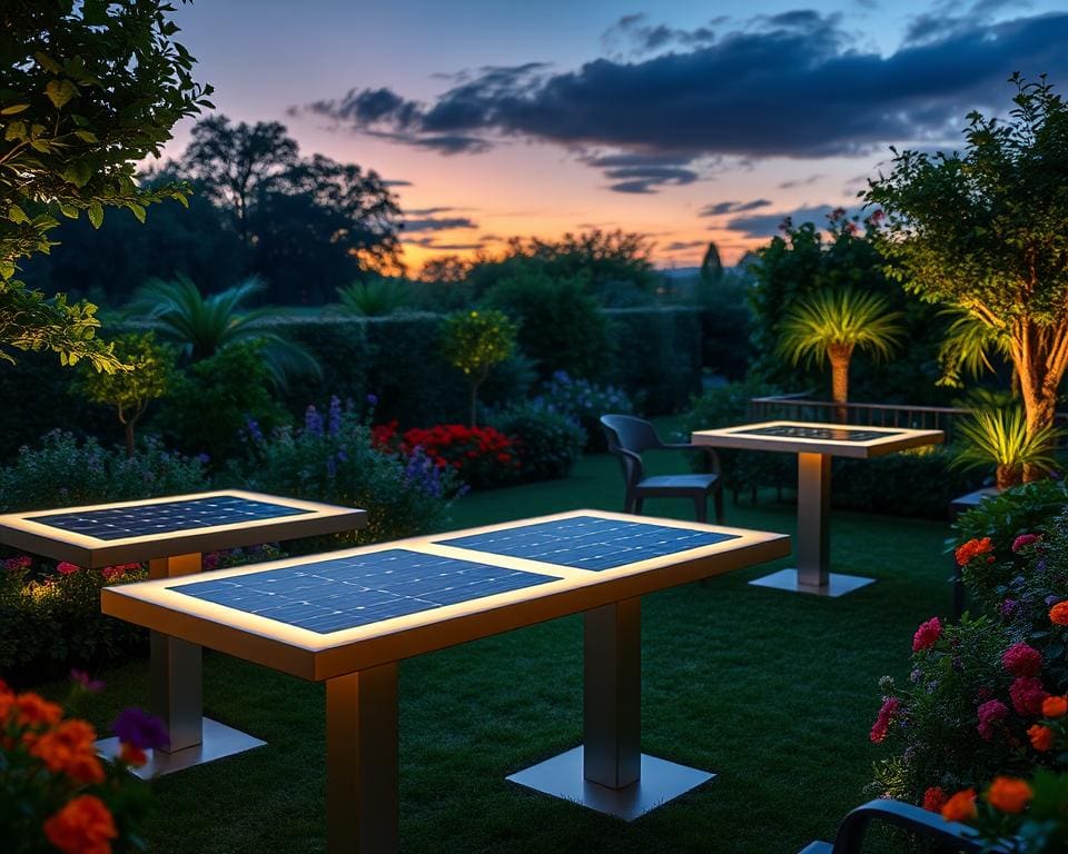 Tuintafels met een zonnepaneel voor verlichting