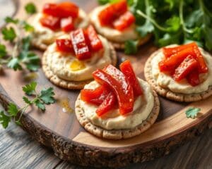 Volkoren crackers met hummus en geroosterde paprika
