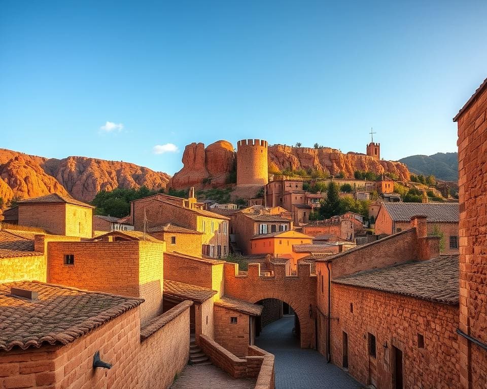 Rood gesteente en middeleeuwse muren in Albarracín